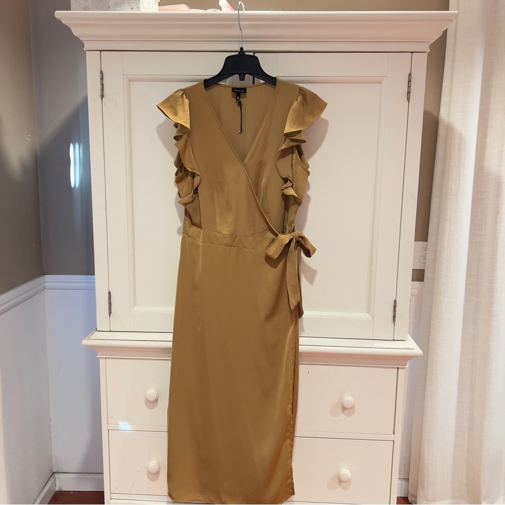 Who What Wear Tan Ruffled Wrap Midi Dress